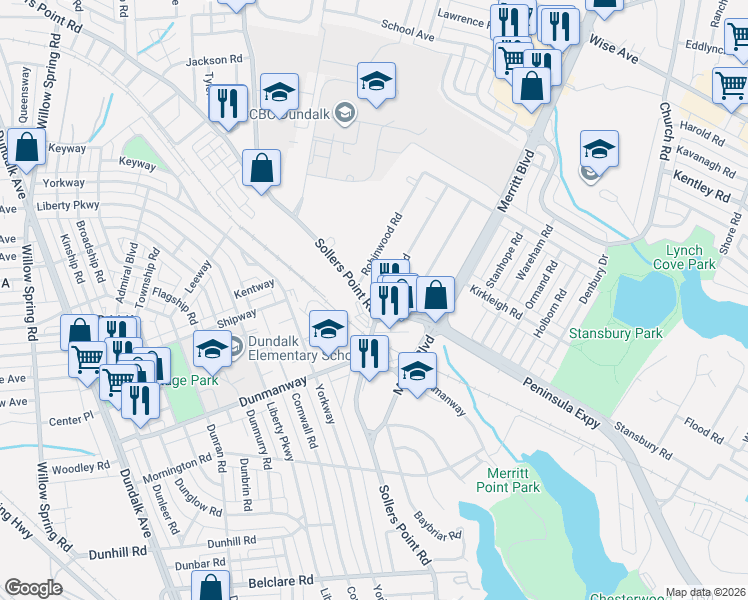 map of restaurants, bars, coffee shops, grocery stores, and more near 1946 Midland Road in Dundalk