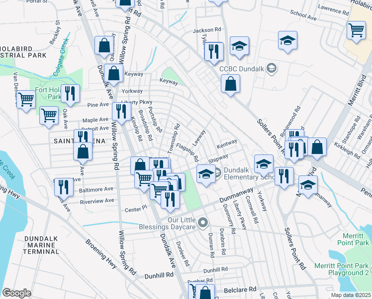 map of restaurants, bars, coffee shops, grocery stores, and more near 34 Flagship Road in Dundalk