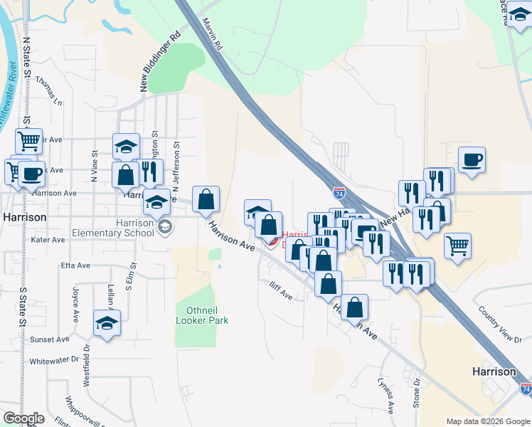 map of restaurants, bars, coffee shops, grocery stores, and more near 139 Turner Ridge Drive in Harrison