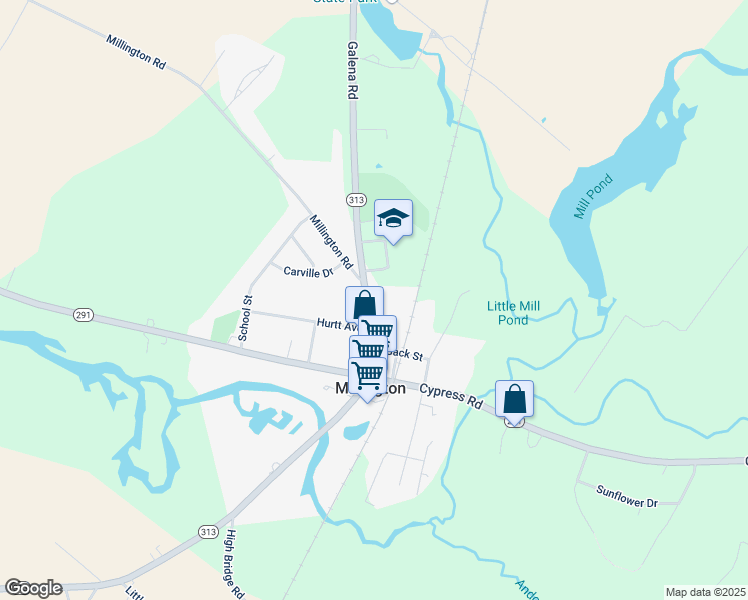 map of restaurants, bars, coffee shops, grocery stores, and more near 178 Sassafras Street in Millington