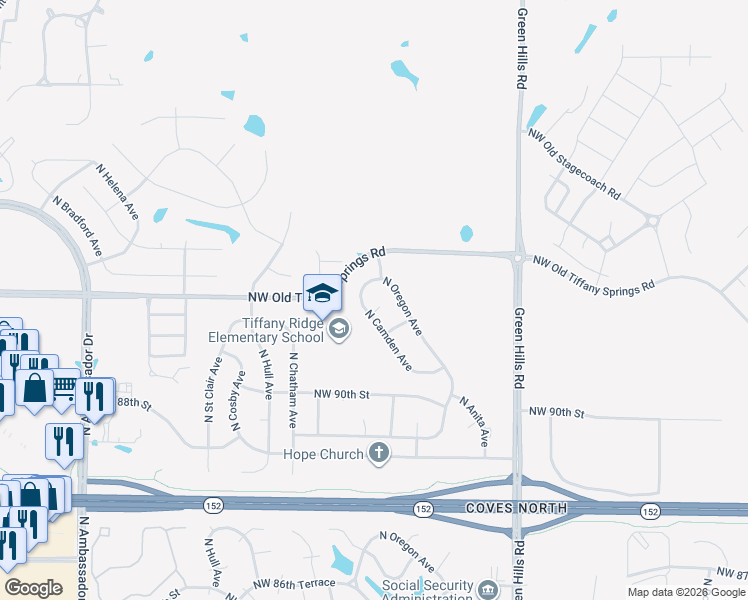 map of restaurants, bars, coffee shops, grocery stores, and more near 9115 North Camden Avenue in Kansas City