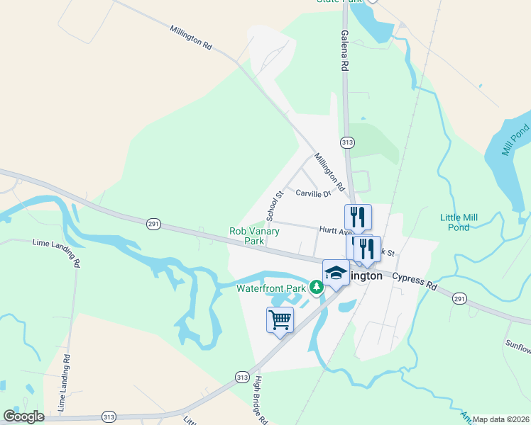 map of restaurants, bars, coffee shops, grocery stores, and more near 200 School Street in Millington