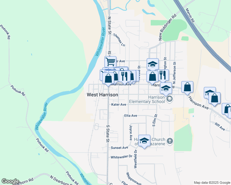 map of restaurants, bars, coffee shops, grocery stores, and more near 115 East Broadway Street in Harrison