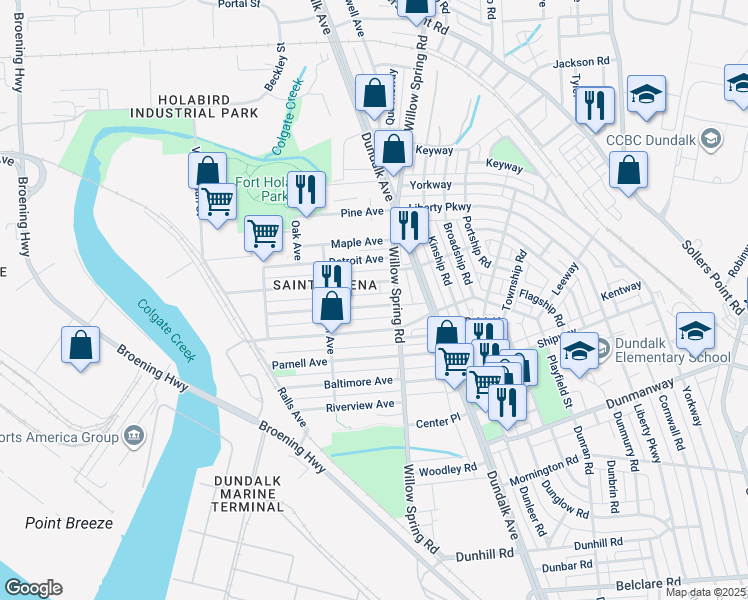 map of restaurants, bars, coffee shops, grocery stores, and more near 226 Colgate Avenue in Dundalk
