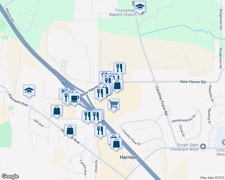 map of restaurants, bars, coffee shops, grocery stores, and more near 595 Ring Road in Harrison