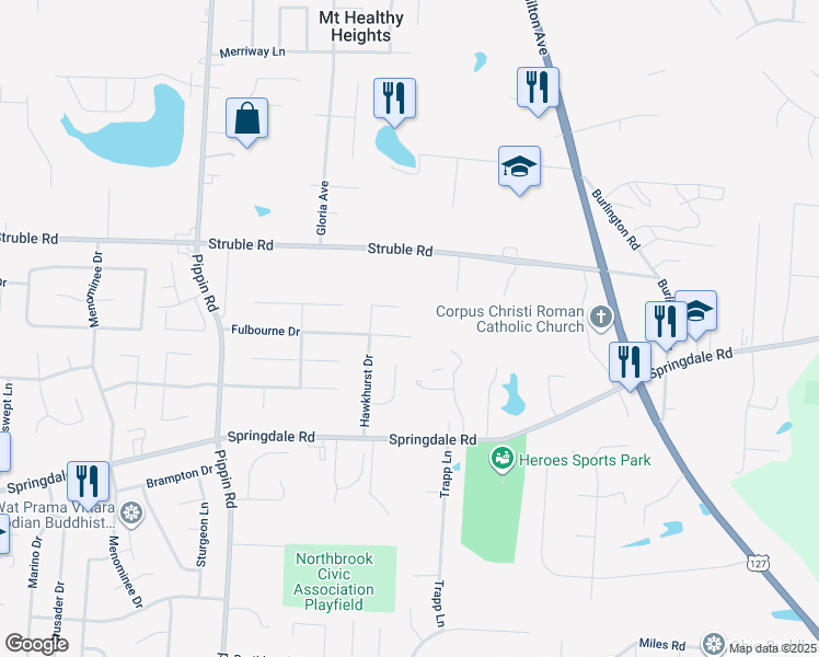 map of restaurants, bars, coffee shops, grocery stores, and more near 2310 Fulbourne Drive in Cincinnati