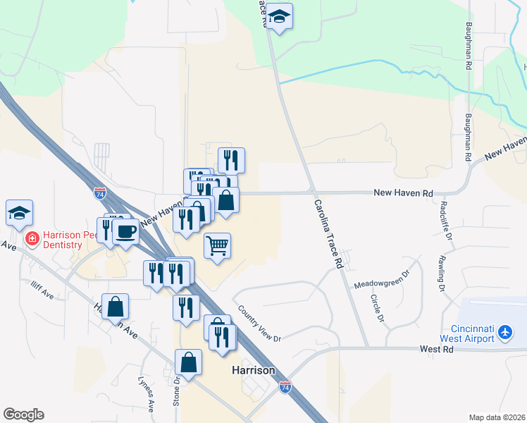 map of restaurants, bars, coffee shops, grocery stores, and more near 400 New Haven Road in Harrison