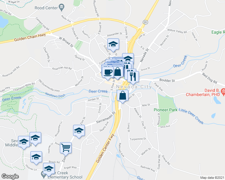 map of restaurants, bars, coffee shops, grocery stores, and more near 2 Cabin Street in Nevada City