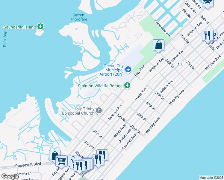 map of restaurants, bars, coffee shops, grocery stores, and more near 2728 Bay Avenue in Ocean City