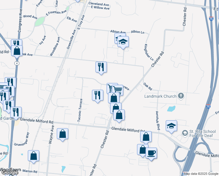 map of restaurants, bars, coffee shops, grocery stores, and more near 955 Redna Terrace in Cincinnati