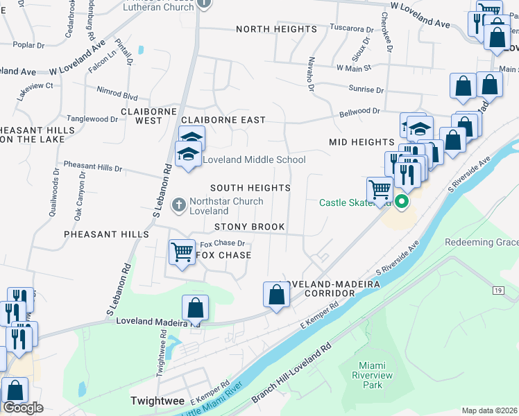map of restaurants, bars, coffee shops, grocery stores, and more near 825 Kenmar Drive in Loveland