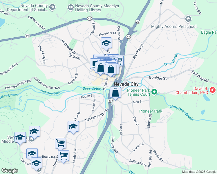 map of restaurants, bars, coffee shops, grocery stores, and more near 2 Cabin Street in Nevada City