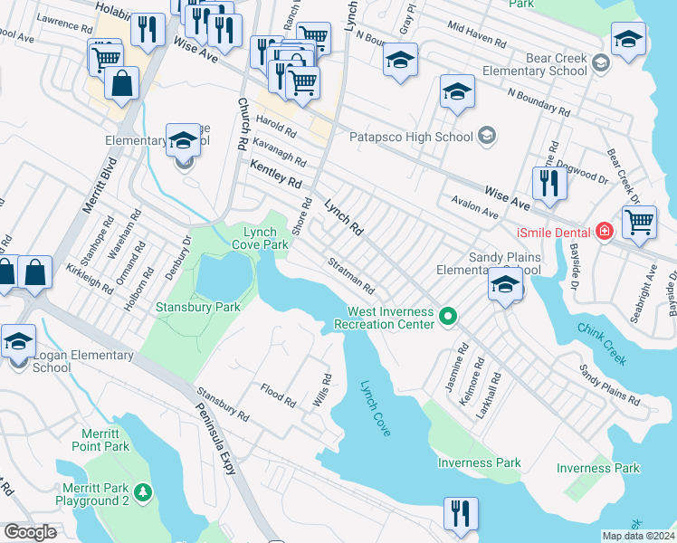 map of restaurants, bars, coffee shops, grocery stores, and more near 8021 Stratman Road in Dundalk