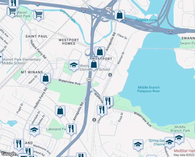 map of restaurants, bars, coffee shops, grocery stores, and more near 2804 Maisel Street in Baltimore