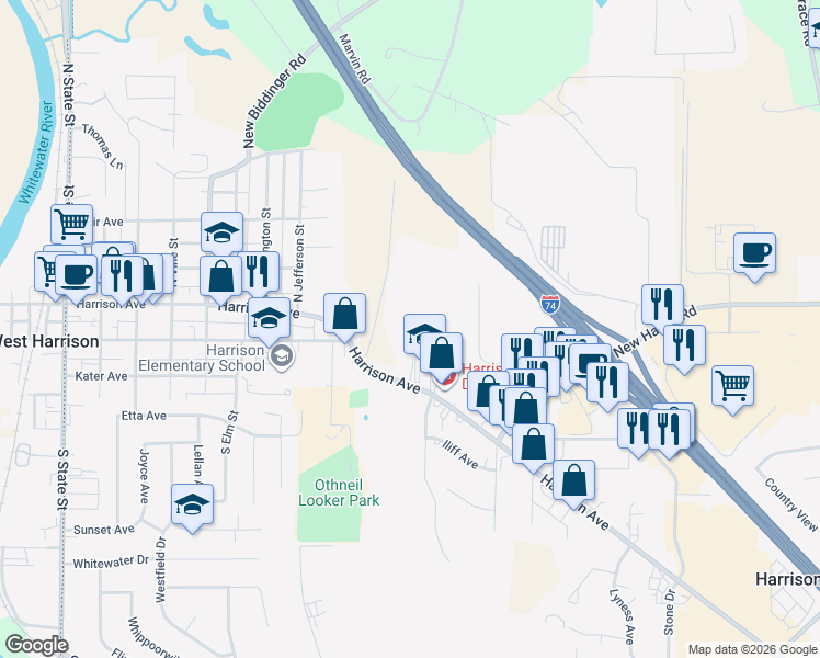 map of restaurants, bars, coffee shops, grocery stores, and more near 10056 Sandusky Road in Harrison