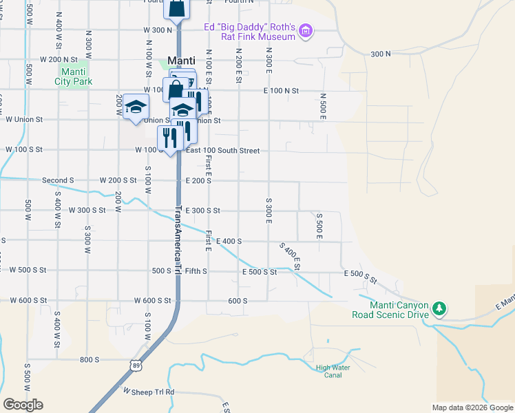 map of restaurants, bars, coffee shops, grocery stores, and more near 287 East 300 South Street in Manti