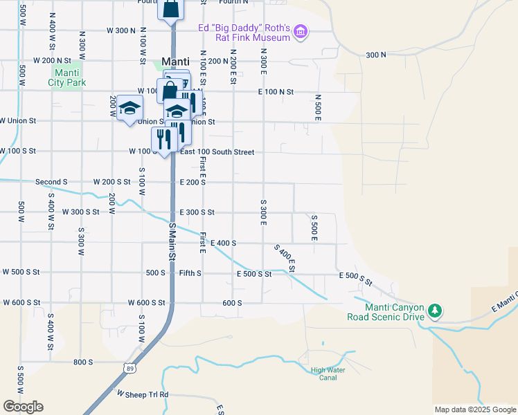 map of restaurants, bars, coffee shops, grocery stores, and more near 324 South 300 East in Manti