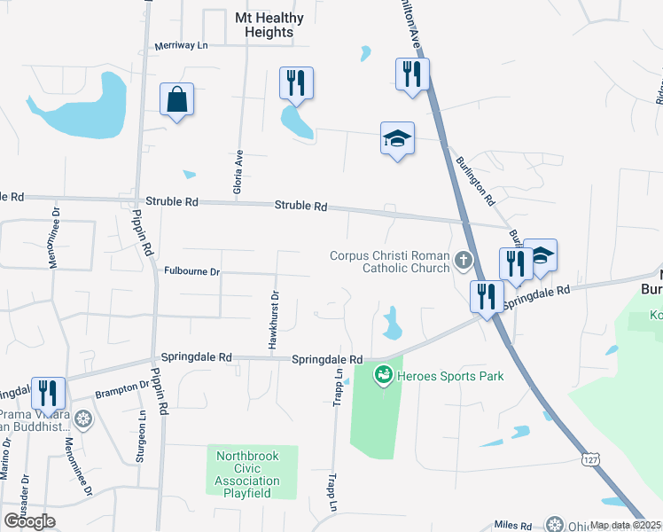 map of restaurants, bars, coffee shops, grocery stores, and more near 2310 Fulbourne Drive in Cincinnati