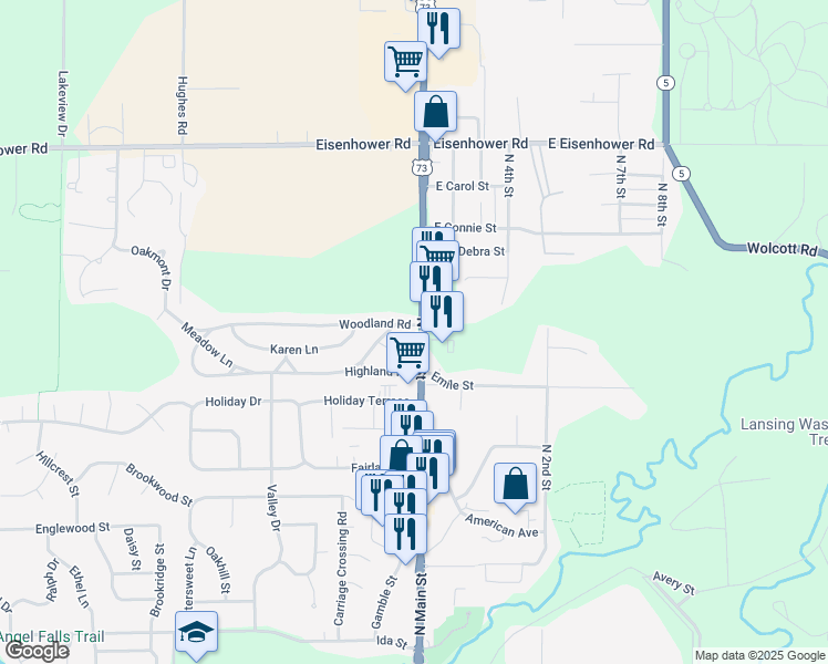 map of restaurants, bars, coffee shops, grocery stores, and more near 103 Crestview Terrace in Lansing
