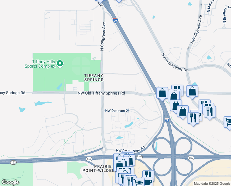 map of restaurants, bars, coffee shops, grocery stores, and more near 8077 Northwest Old Tiffany Springs Road in Kansas City