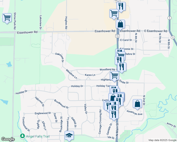 map of restaurants, bars, coffee shops, grocery stores, and more near 132 Woodland Road in Lansing