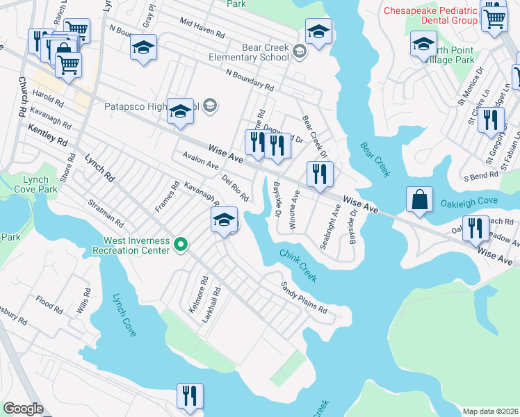 map of restaurants, bars, coffee shops, grocery stores, and more near 87 Delmar Circle in Dundalk