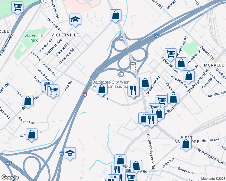 map of restaurants, bars, coffee shops, grocery stores, and more near 3701 Koppers Street in Halethorpe