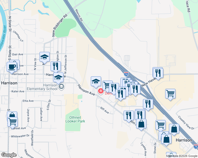 map of restaurants, bars, coffee shops, grocery stores, and more near 139 Turner Ridge Drive in Harrison