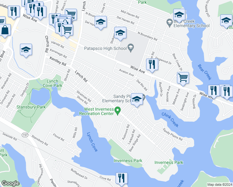 map of restaurants, bars, coffee shops, grocery stores, and more near 1938 Guy Way in Dundalk