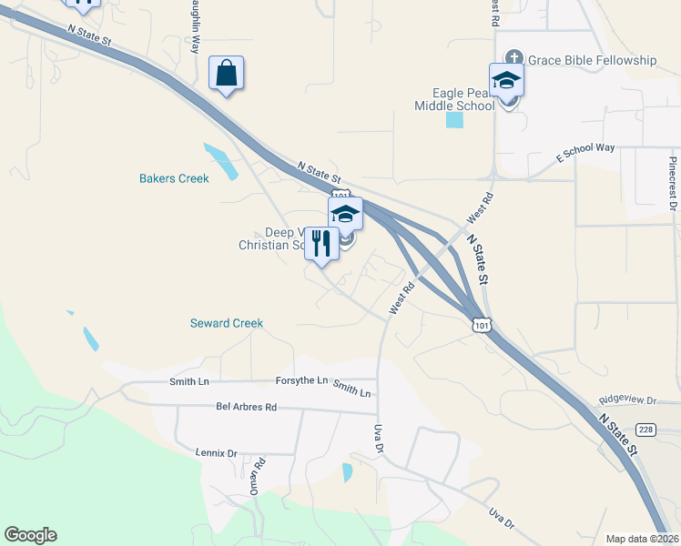 map of restaurants, bars, coffee shops, grocery stores, and more near 8501 Uva Drive in Redwood Valley