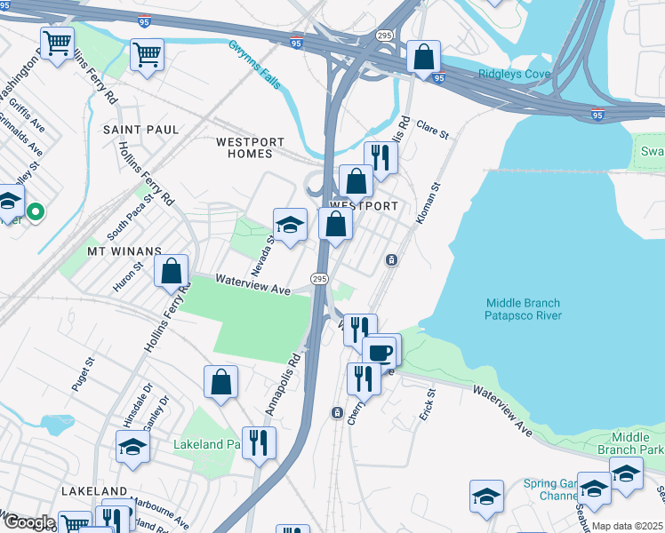 map of restaurants, bars, coffee shops, grocery stores, and more near 2400 Annapolis Road in Baltimore