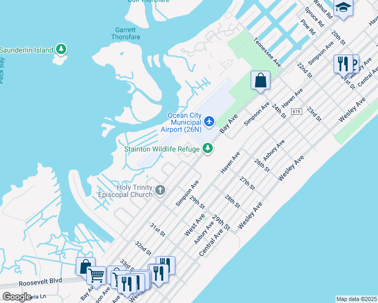 map of restaurants, bars, coffee shops, grocery stores, and more near 2728 Bay Avenue in Ocean City