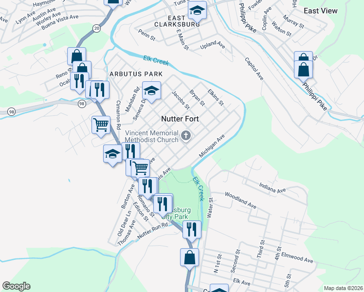 map of restaurants, bars, coffee shops, grocery stores, and more near 300 Illinois Avenue in Nutter Fort