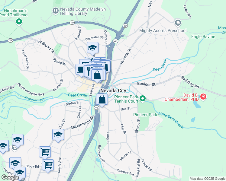 map of restaurants, bars, coffee shops, grocery stores, and more near in Nevada City