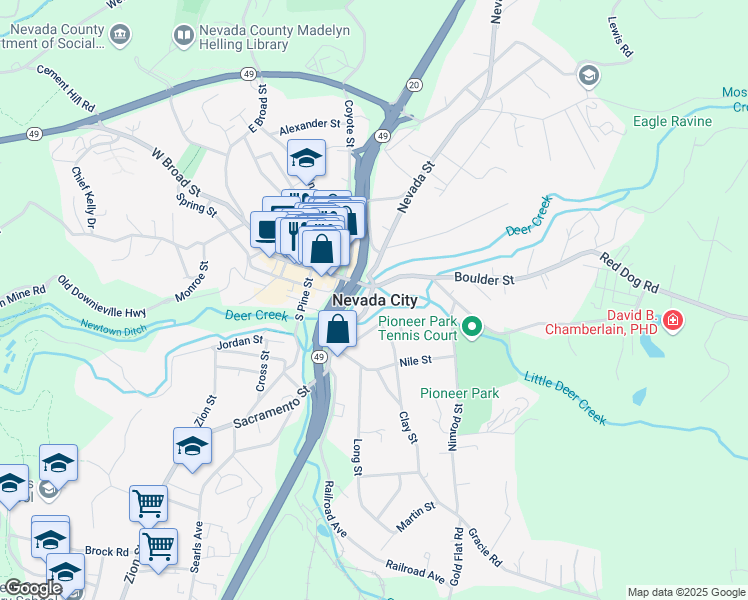 map of restaurants, bars, coffee shops, grocery stores, and more near 102 Boulder Street in Nevada City