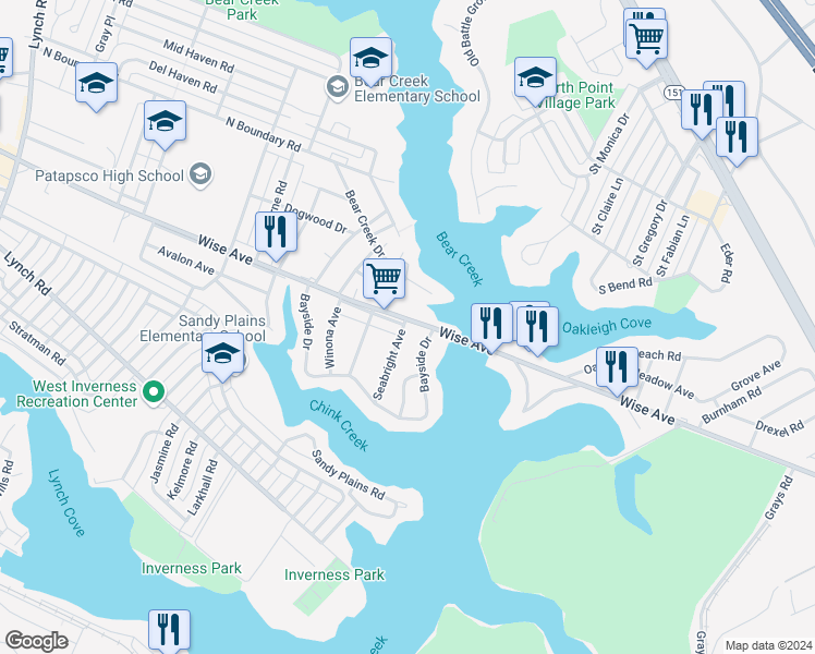 map of restaurants, bars, coffee shops, grocery stores, and more near 11 Seabright Avenue in Dundalk