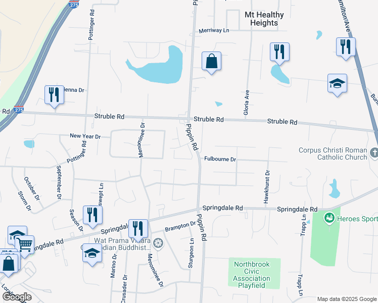 map of restaurants, bars, coffee shops, grocery stores, and more near 10305 Crestland Court in Cincinnati