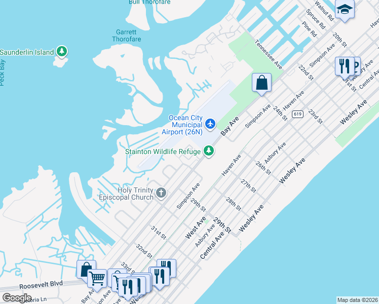 map of restaurants, bars, coffee shops, grocery stores, and more near 133 Folger Court in Ocean City