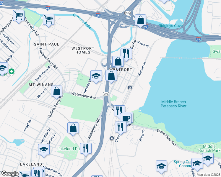 map of restaurants, bars, coffee shops, grocery stores, and more near 2400 Annapolis Road in Baltimore