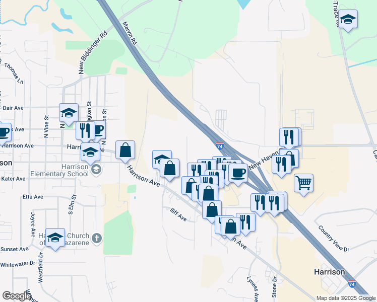 map of restaurants, bars, coffee shops, grocery stores, and more near 10905 Shaker Point Way in Harrison