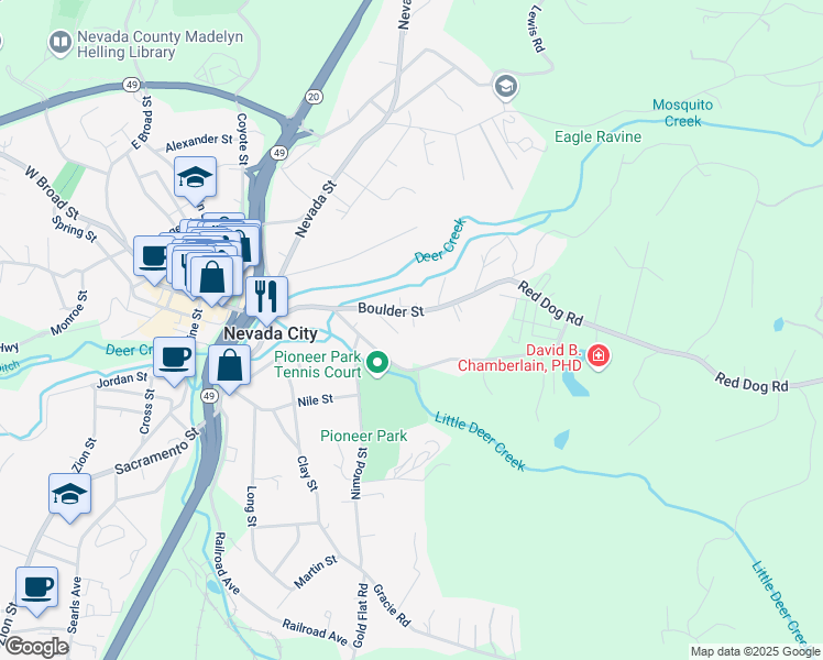 map of restaurants, bars, coffee shops, grocery stores, and more near 254 Boulder Street in Nevada City