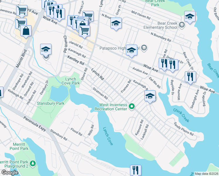 map of restaurants, bars, coffee shops, grocery stores, and more near 2001 Dineen Drive in Dundalk