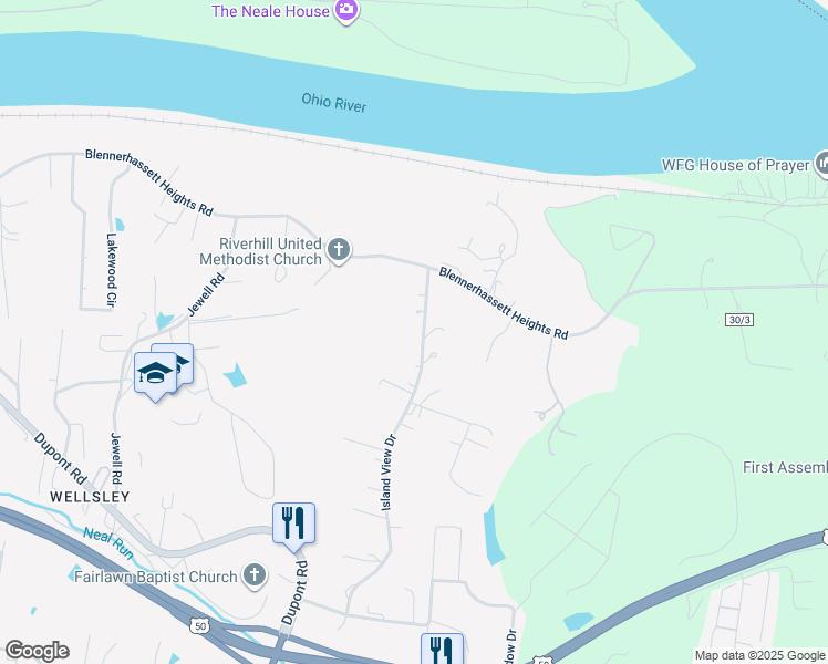 map of restaurants, bars, coffee shops, grocery stores, and more near 77-81 Island View Drive in Parkersburg