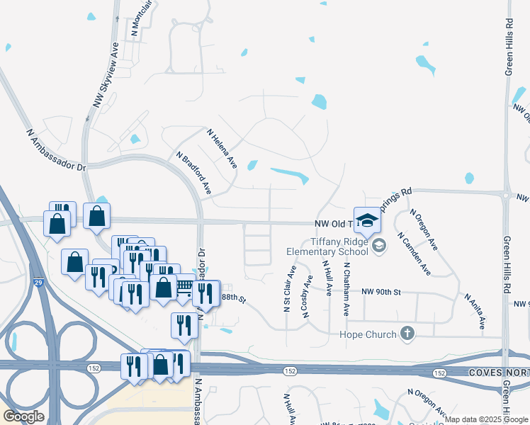 map of restaurants, bars, coffee shops, grocery stores, and more near 5910-5916 Northwest 91 Street in Kansas City
