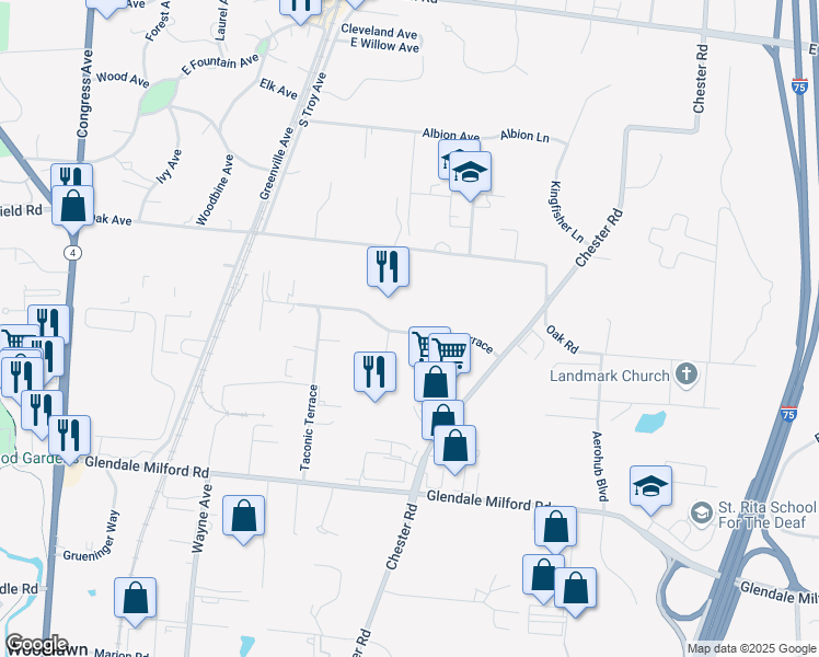 map of restaurants, bars, coffee shops, grocery stores, and more near 955 Redna Terrace in Cincinnati