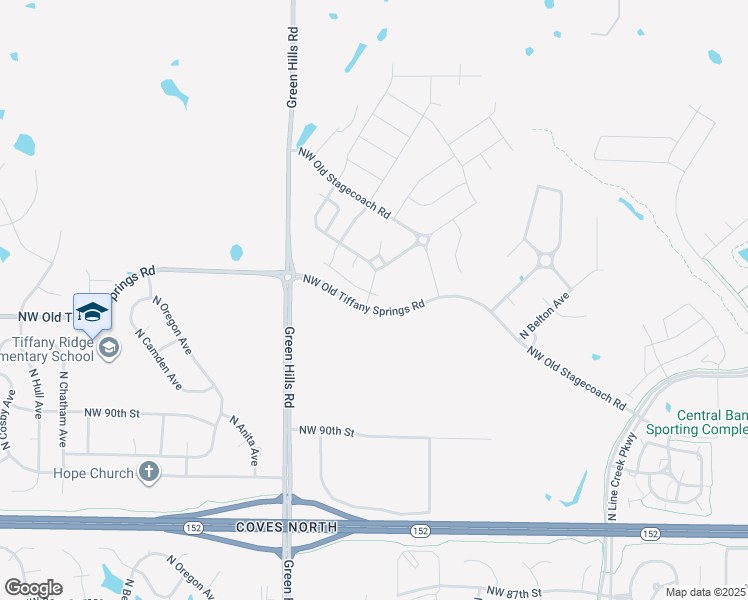 map of restaurants, bars, coffee shops, grocery stores, and more near 9374-9544 Northwest Old Tiffany Springs Road in Kansas City