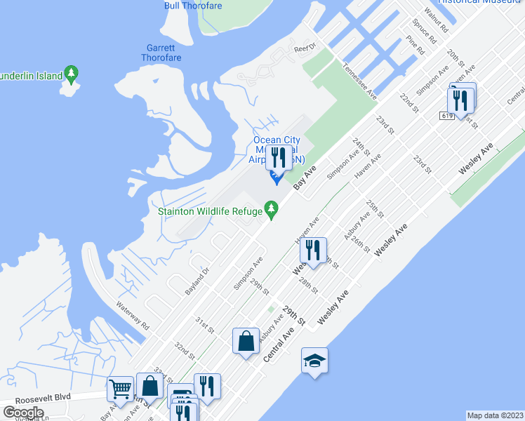 map of restaurants, bars, coffee shops, grocery stores, and more near 2602 Bay Avenue in Ocean City