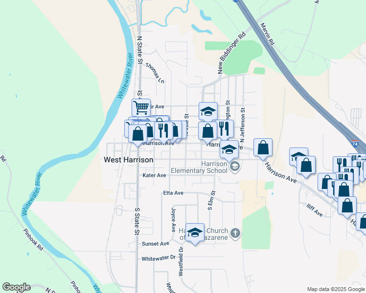 map of restaurants, bars, coffee shops, grocery stores, and more near 109 North Vine Street in Harrison