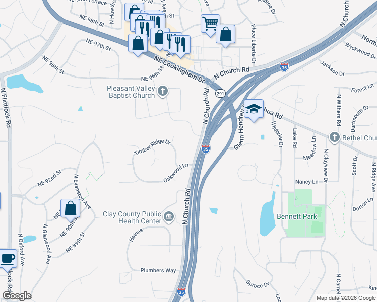 map of restaurants, bars, coffee shops, grocery stores, and more near 1319 Willow Wood Lane in Liberty