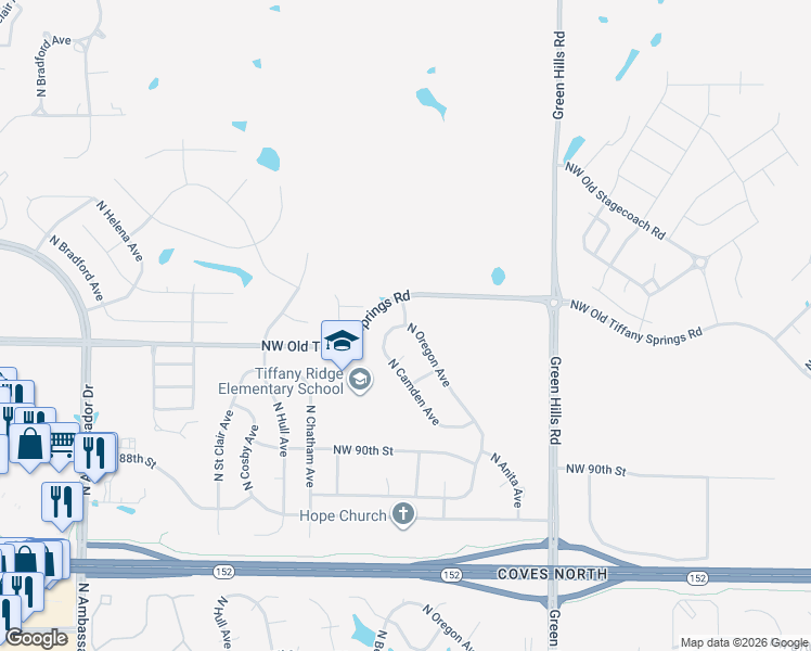 map of restaurants, bars, coffee shops, grocery stores, and more near 9135 North Oregon Avenue in Kansas City